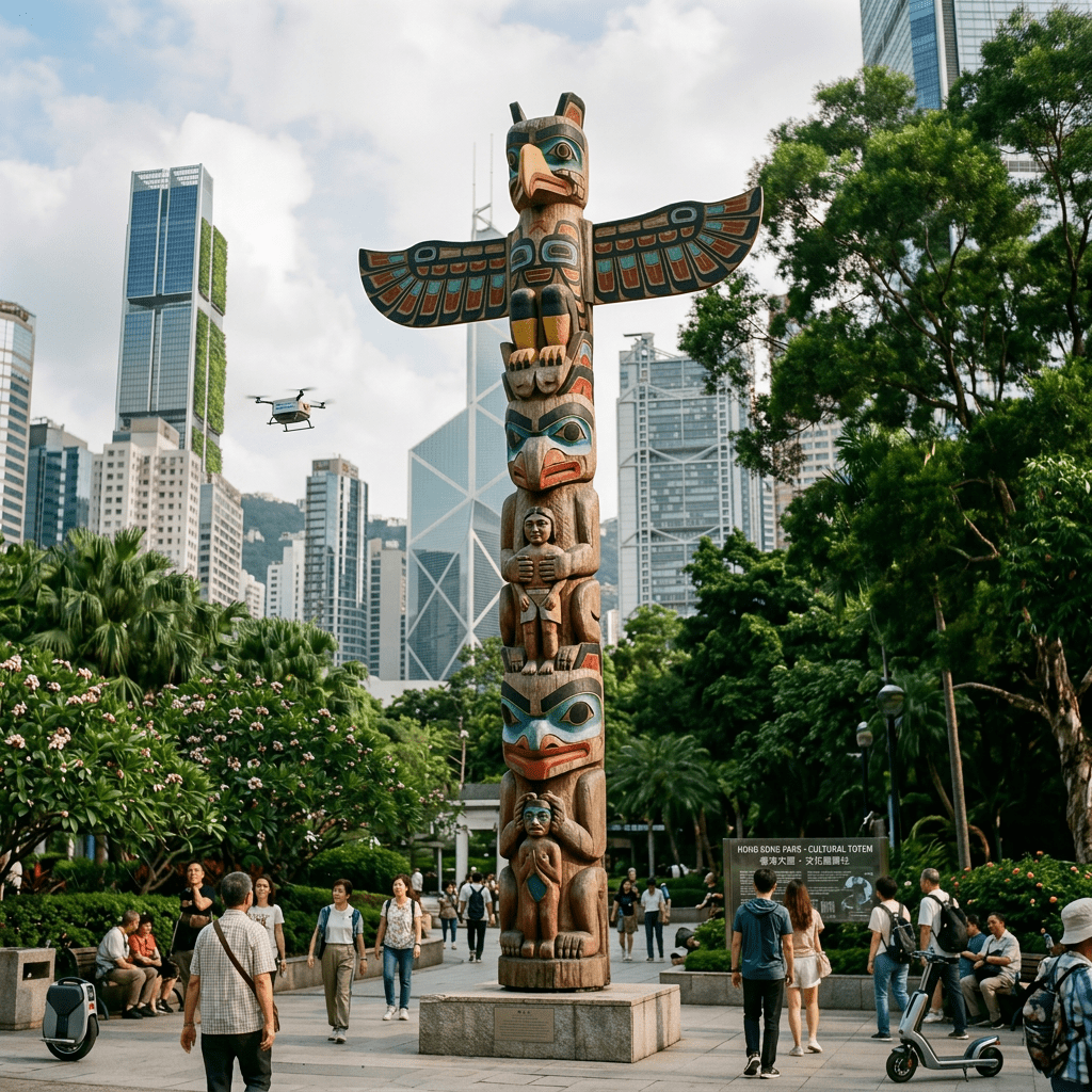 Tall cultural totem with carved figures in a busy urban park surrounded by trees and high-rise buildings