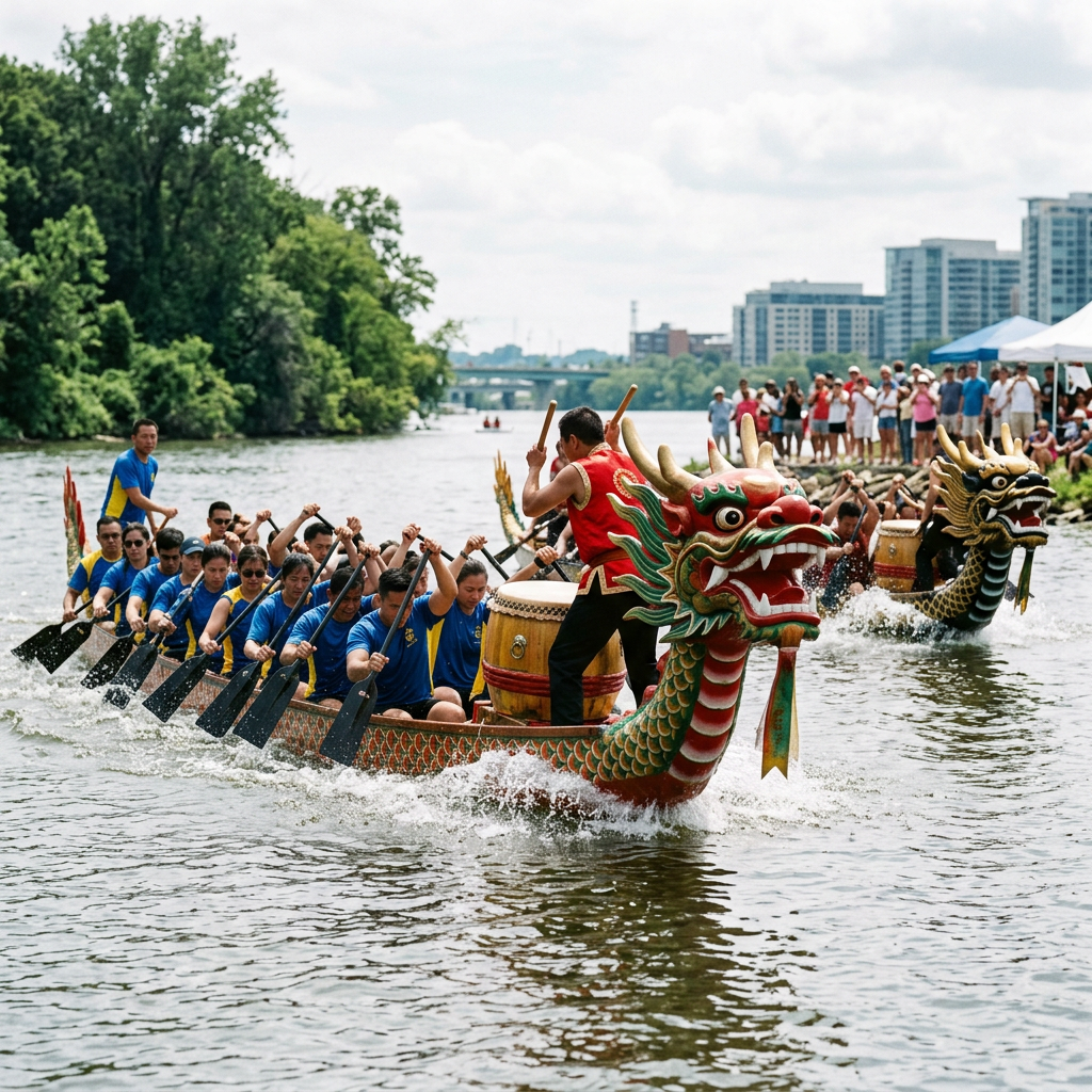 Dragon boat race with drum, ornate dragon heads